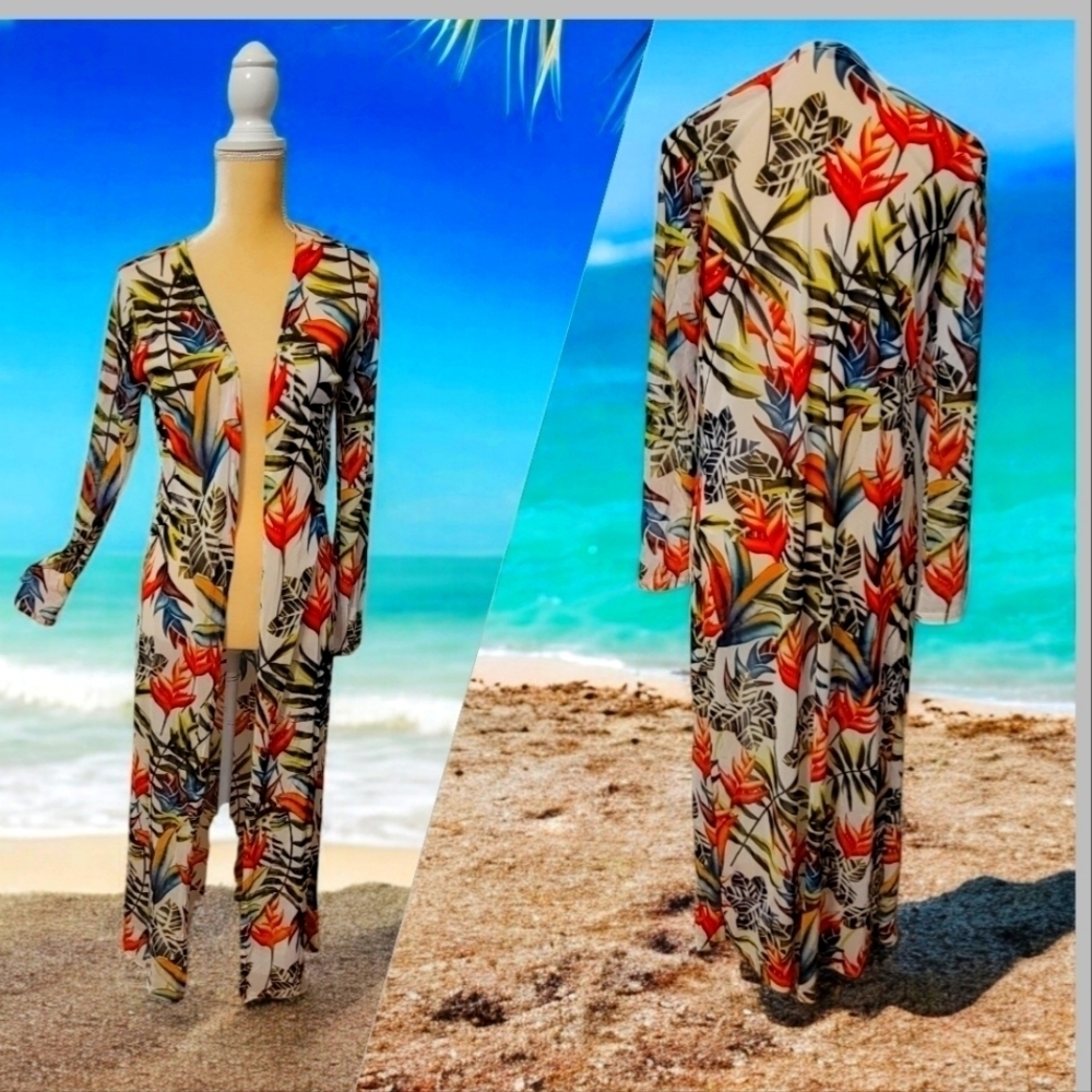 Swimsuit Coverup Sz S Sheer long duster Bird of Paradise Floral Meek T45